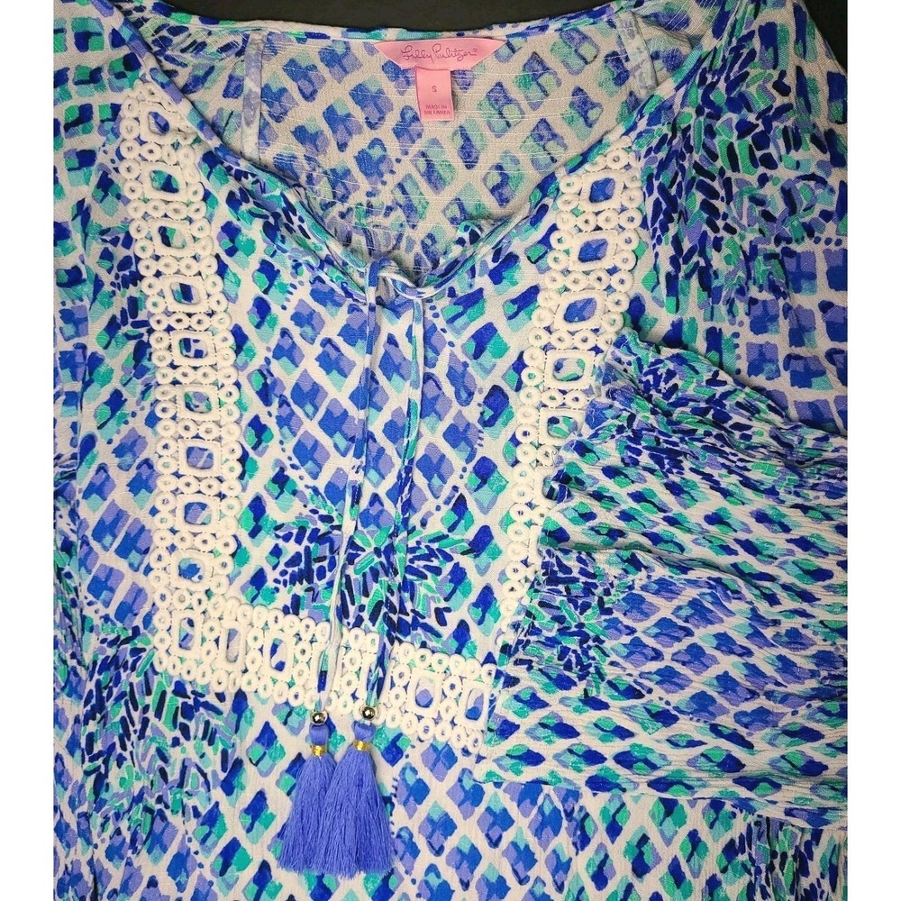 Lilly Pulitzer Blouse Womens Small Blue Green Tassel Tunic Top Boho EUC